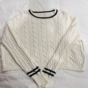 Cable Knit White Sweater with Black Trim
